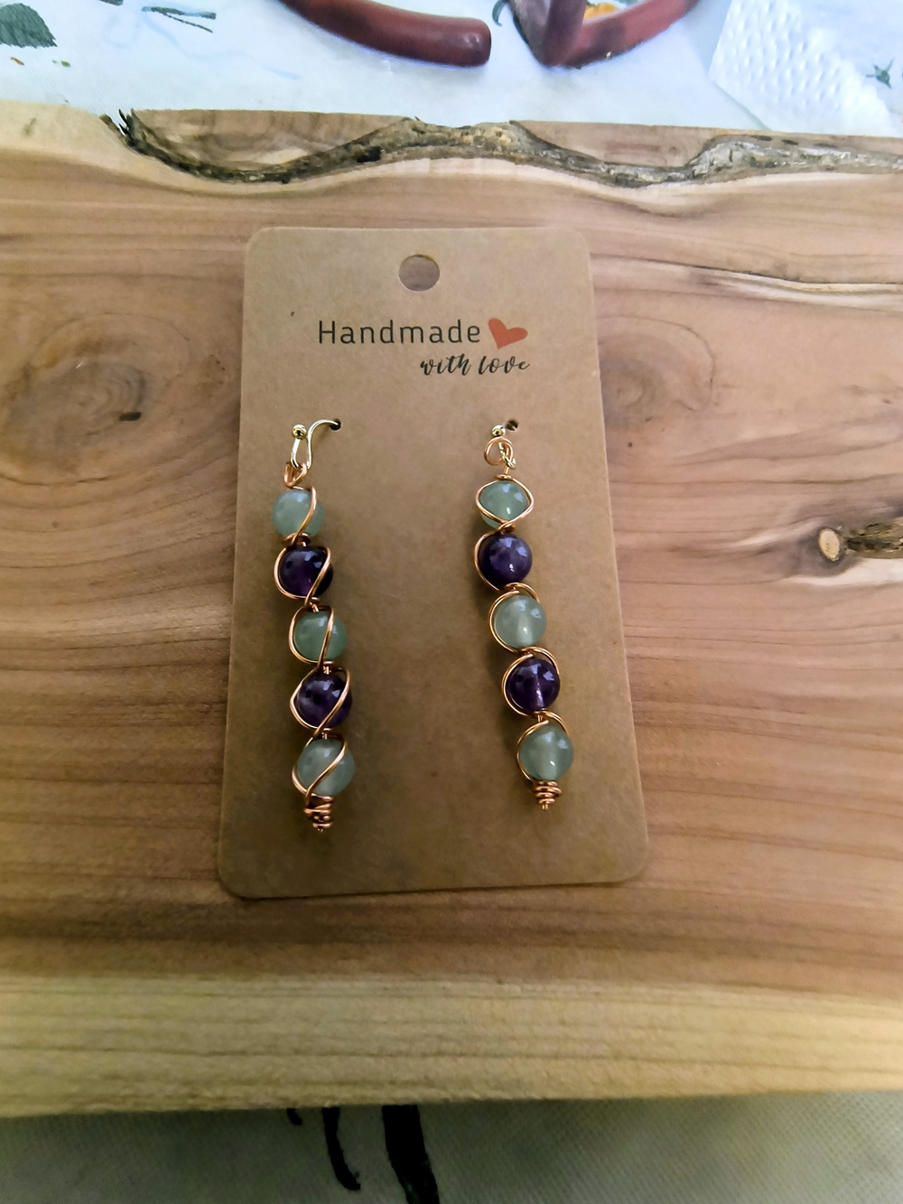 Hand Crafted Gold Wire Drop Earrings with Purple and Light Green Beads